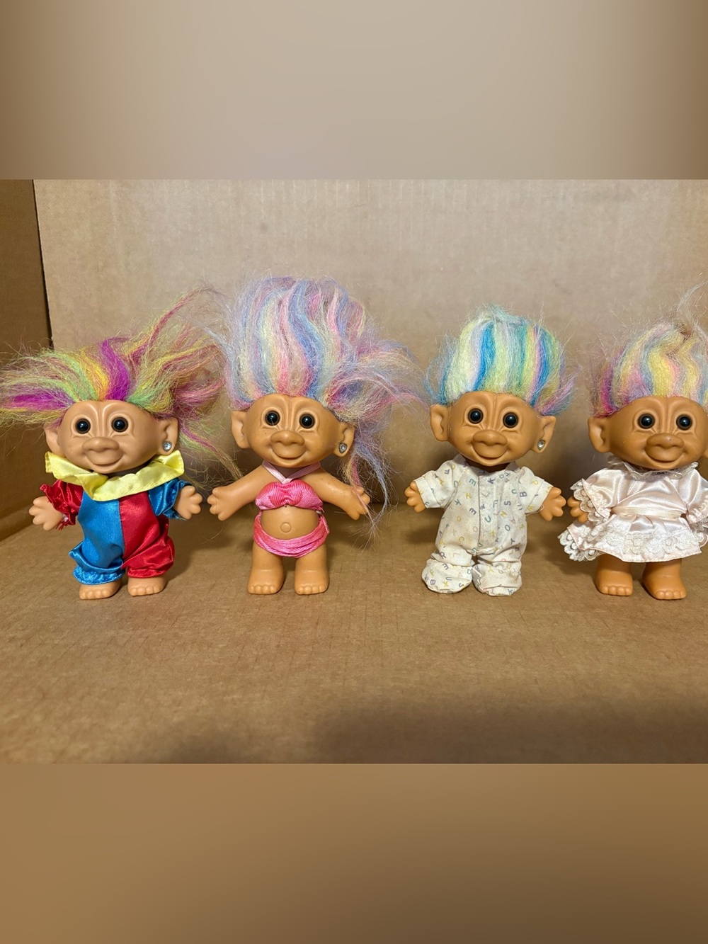 4 VTG trolls rainbow hair/ rhinestone ears clown, baby, princess & bikini dolls